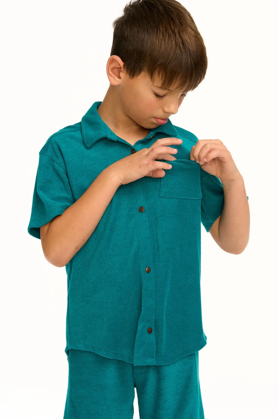 Online Chaser Brand Boy's Lake Green Terry Cloth Button Down Collared Shirt