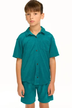 Online Chaser Brand Boy's Lake Green Terry Cloth Button Down Collared Shirt