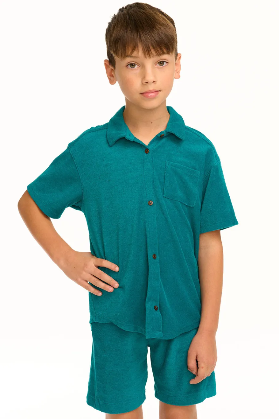 Online Chaser Brand Boy's Lake Green Terry Cloth Button Down Collared Shirt
