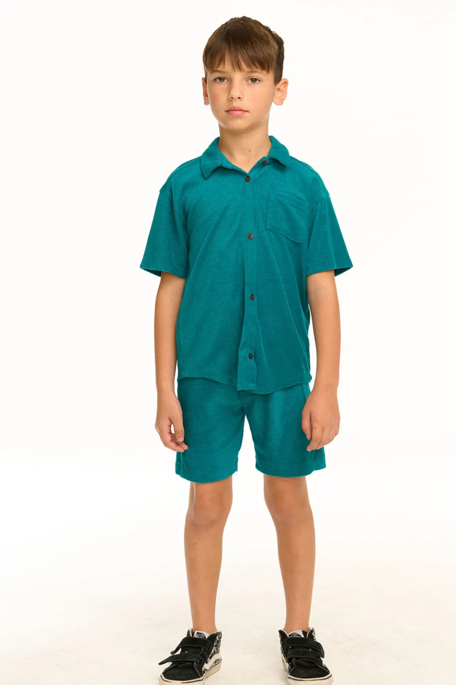 Online Chaser Brand Boy's Lake Green Terry Cloth Button Down Collared Shirt