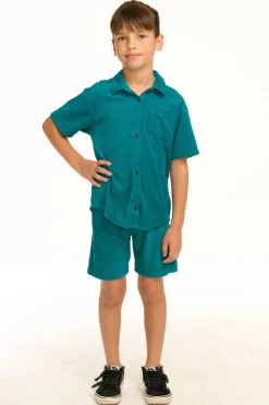 Online Chaser Brand Boy's Lake Green Terry Cloth Button Down Collared Shirt