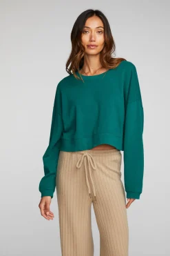 Sale Chaser Brand Cotton Fleece Cropped Crewneck Pullover With Rib