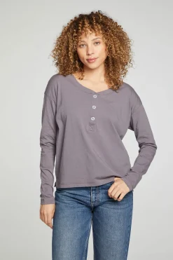 Shop Chaser Brand Cropped Boxy Long Sleeve Henley With Side Slits