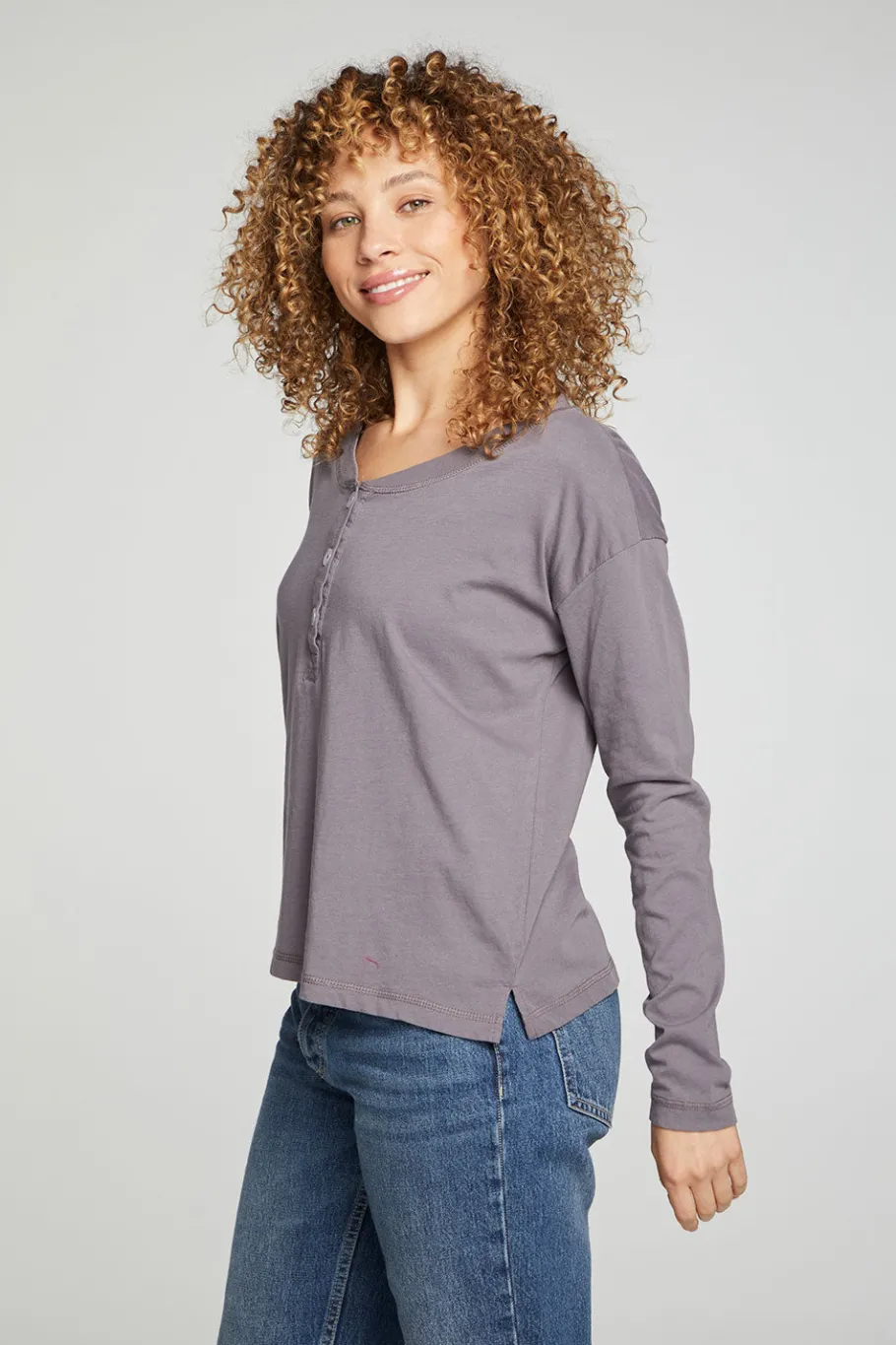 Shop Chaser Brand Cropped Boxy Long Sleeve Henley With Side Slits
