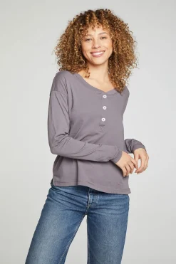 Shop Chaser Brand Cropped Boxy Long Sleeve Henley With Side Slits