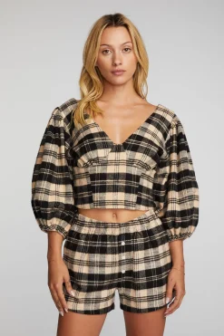 Online Chaser Brand Flannel Puff Sleeve Cropped Blouse