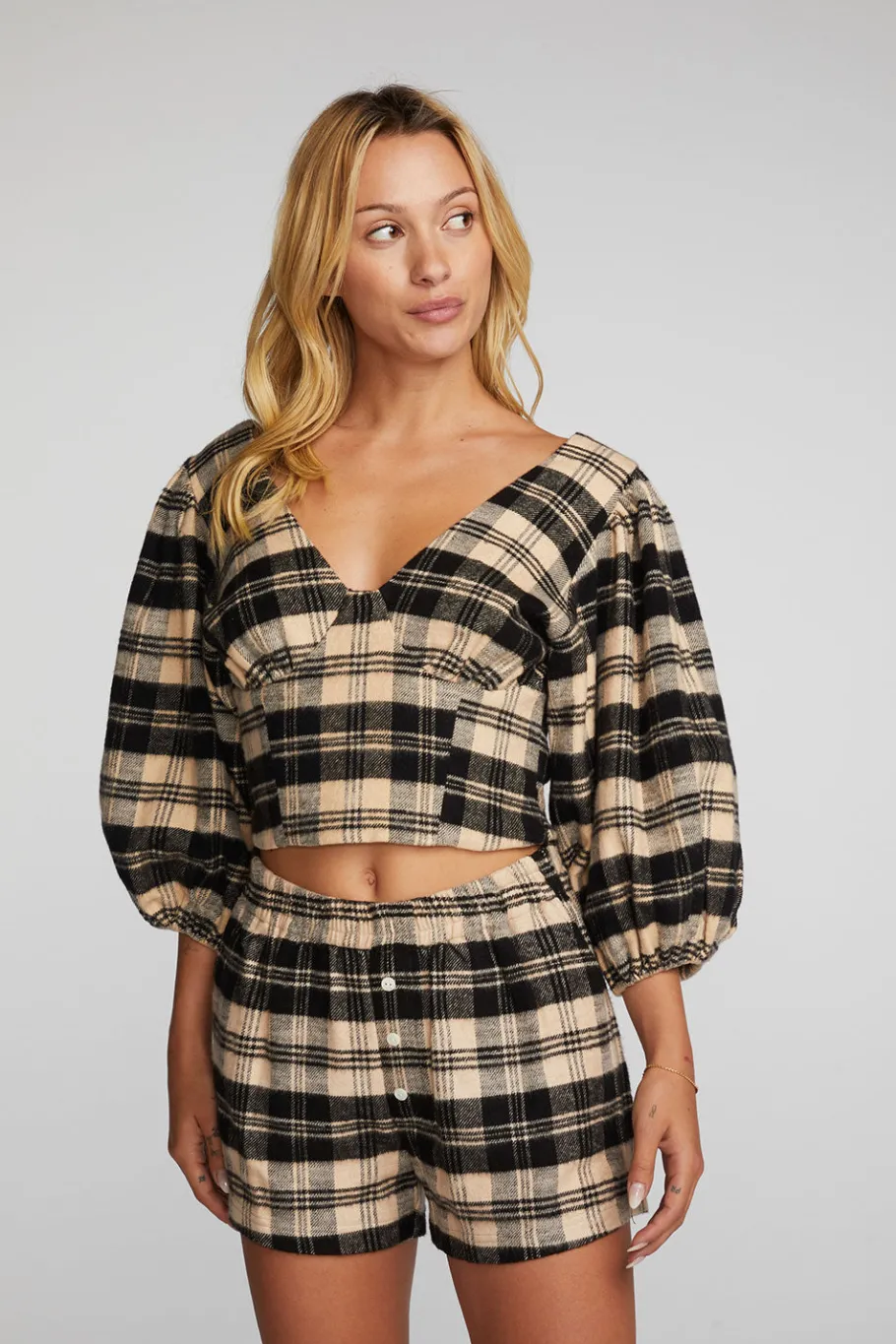 Online Chaser Brand Flannel Puff Sleeve Cropped Blouse