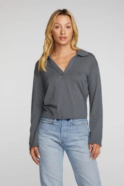New Chaser Brand Gauze Jersey Cropped Polo With Distressed Detail Long Sleeve