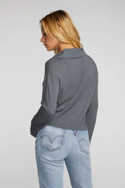 New Chaser Brand Gauze Jersey Cropped Polo With Distressed Detail Long Sleeve