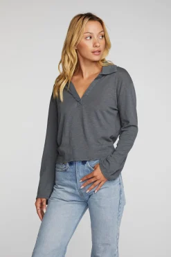 New Chaser Brand Gauze Jersey Cropped Polo With Distressed Detail Long Sleeve