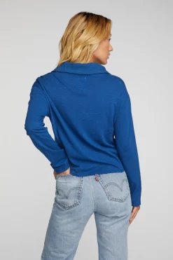 Online Chaser Brand Gauze Jersey Cropped Polo With Distressed Detail Long Sleeve