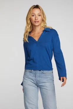 Online Chaser Brand Gauze Jersey Cropped Polo With Distressed Detail Long Sleeve