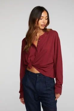 Best Sale Chaser Brand Gauze Jersey Long Sleeve Henley With Deconstructed Bottom Hem