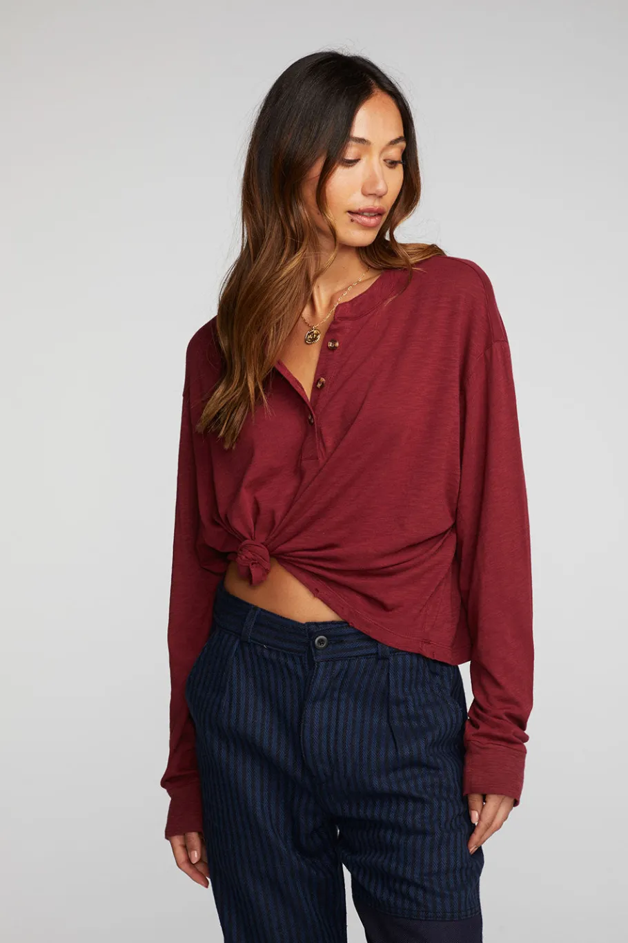 Best Sale Chaser Brand Gauze Jersey Long Sleeve Henley With Deconstructed Bottom Hem