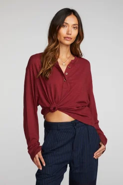 Best Sale Chaser Brand Gauze Jersey Long Sleeve Henley With Deconstructed Bottom Hem