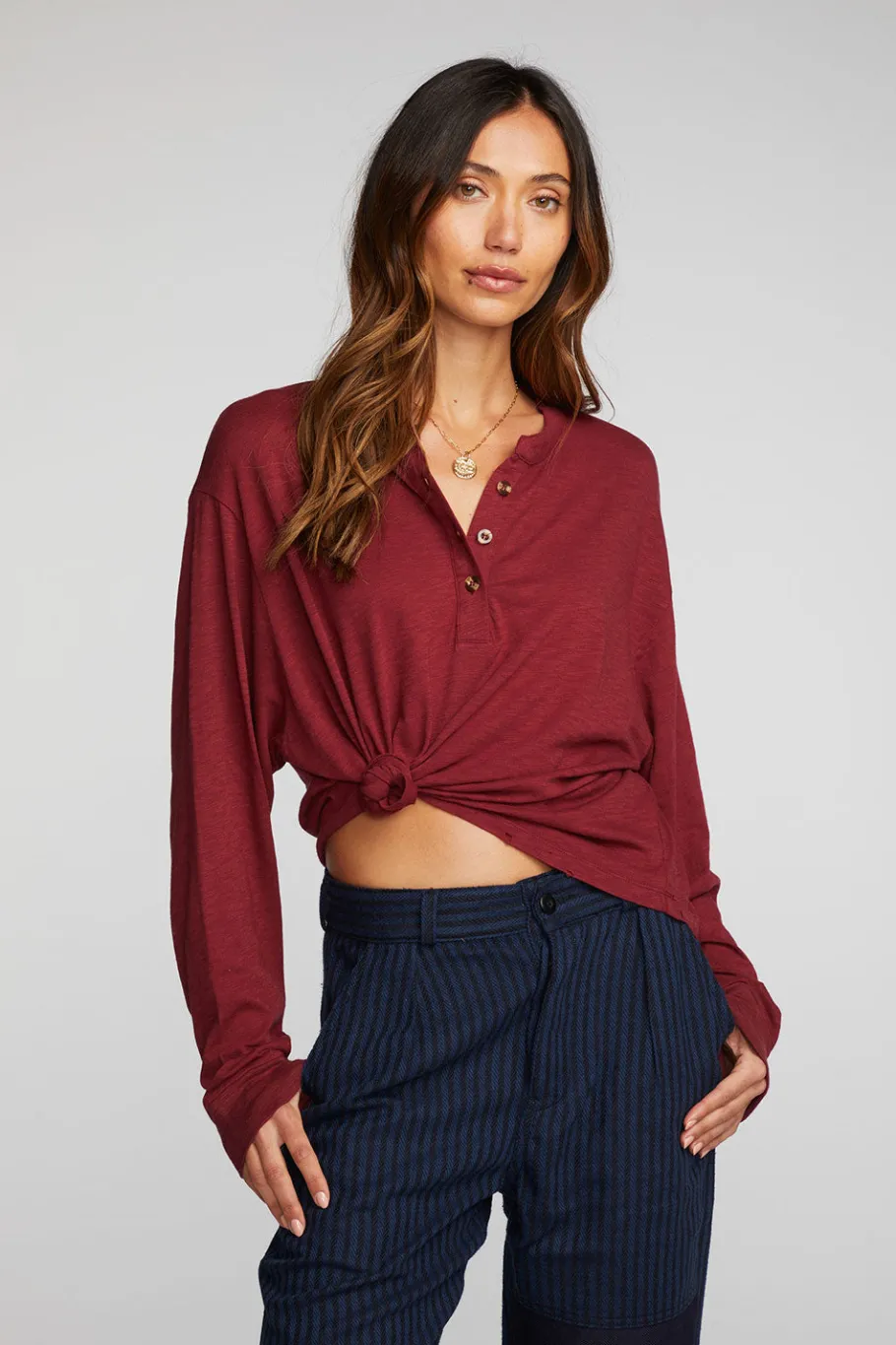 Best Sale Chaser Brand Gauze Jersey Long Sleeve Henley With Deconstructed Bottom Hem