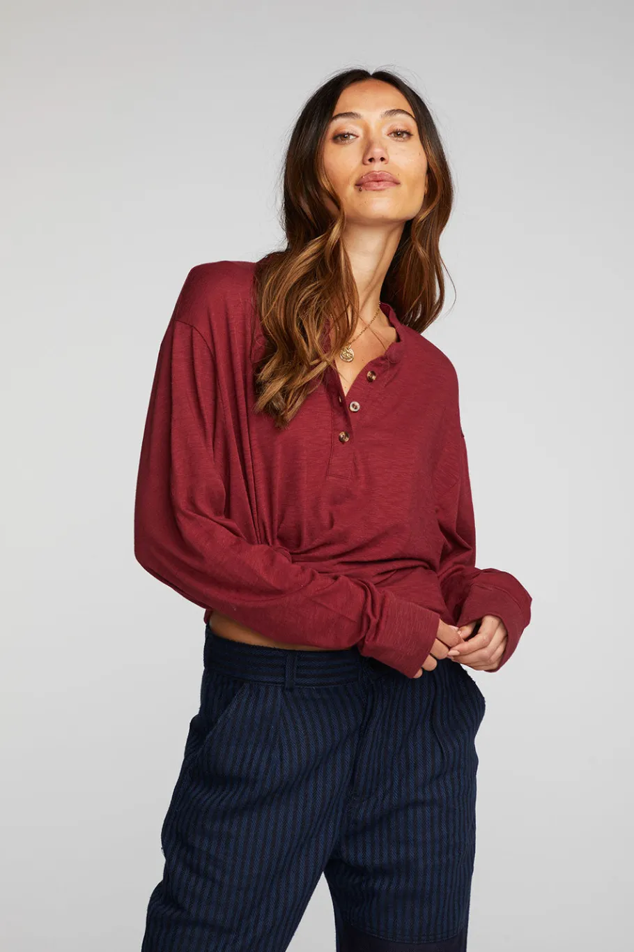 Best Sale Chaser Brand Gauze Jersey Long Sleeve Henley With Deconstructed Bottom Hem