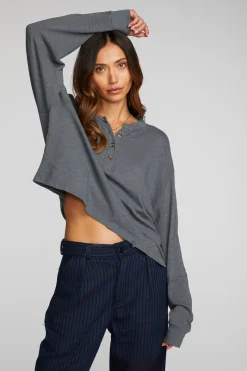 Hot Chaser Brand Gauze Jersey Long Sleeve Henley With Deconstructed Bottom Hem