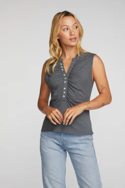 Outlet Chaser Brand Gauze Jersey Snap Down Tank With Shirring