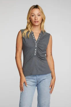 Outlet Chaser Brand Gauze Jersey Snap Down Tank With Shirring