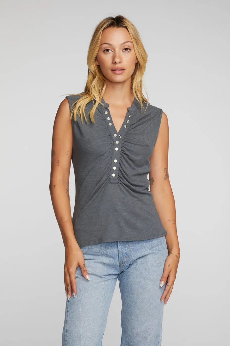 Outlet Chaser Brand Gauze Jersey Snap Down Tank With Shirring