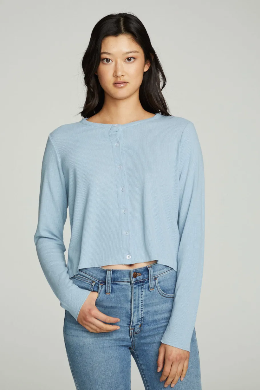 Fashion Chaser Brand Long Sleeve Button Down Semi Cropped Tee