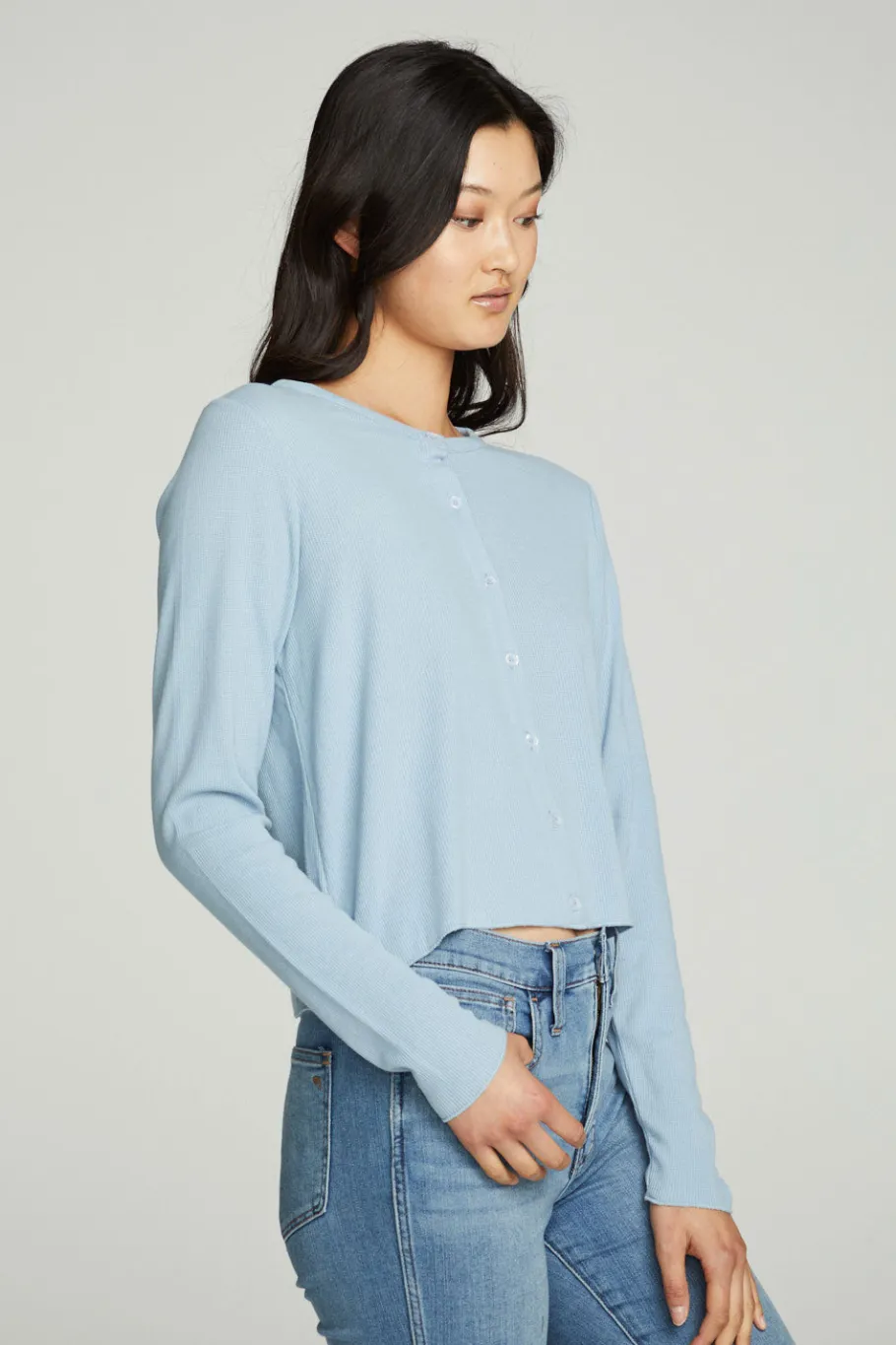 Fashion Chaser Brand Long Sleeve Button Down Semi Cropped Tee