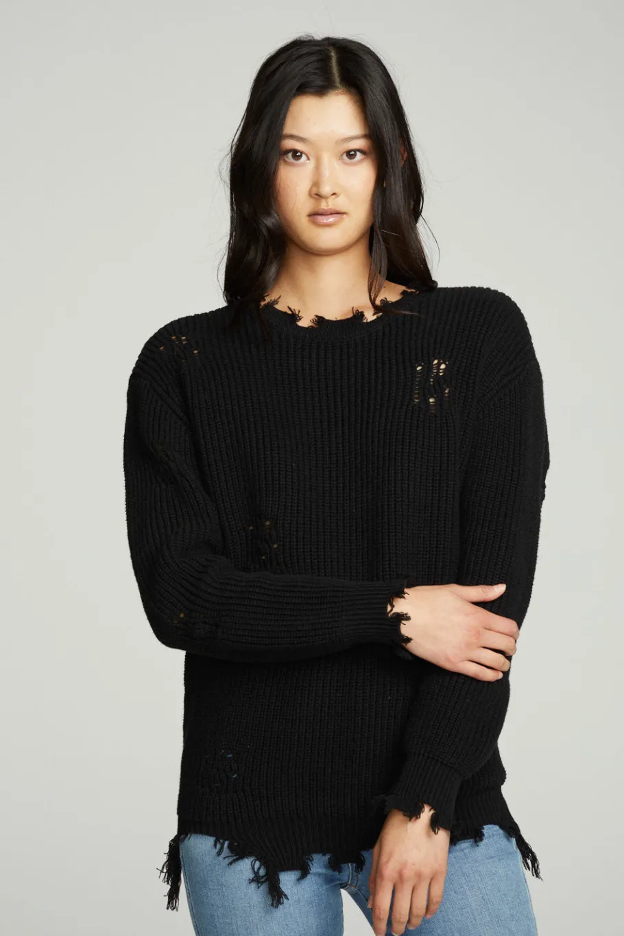 Best Chaser Brand Long Sleeve Crew Neck Deconstructed Sweater Pullover