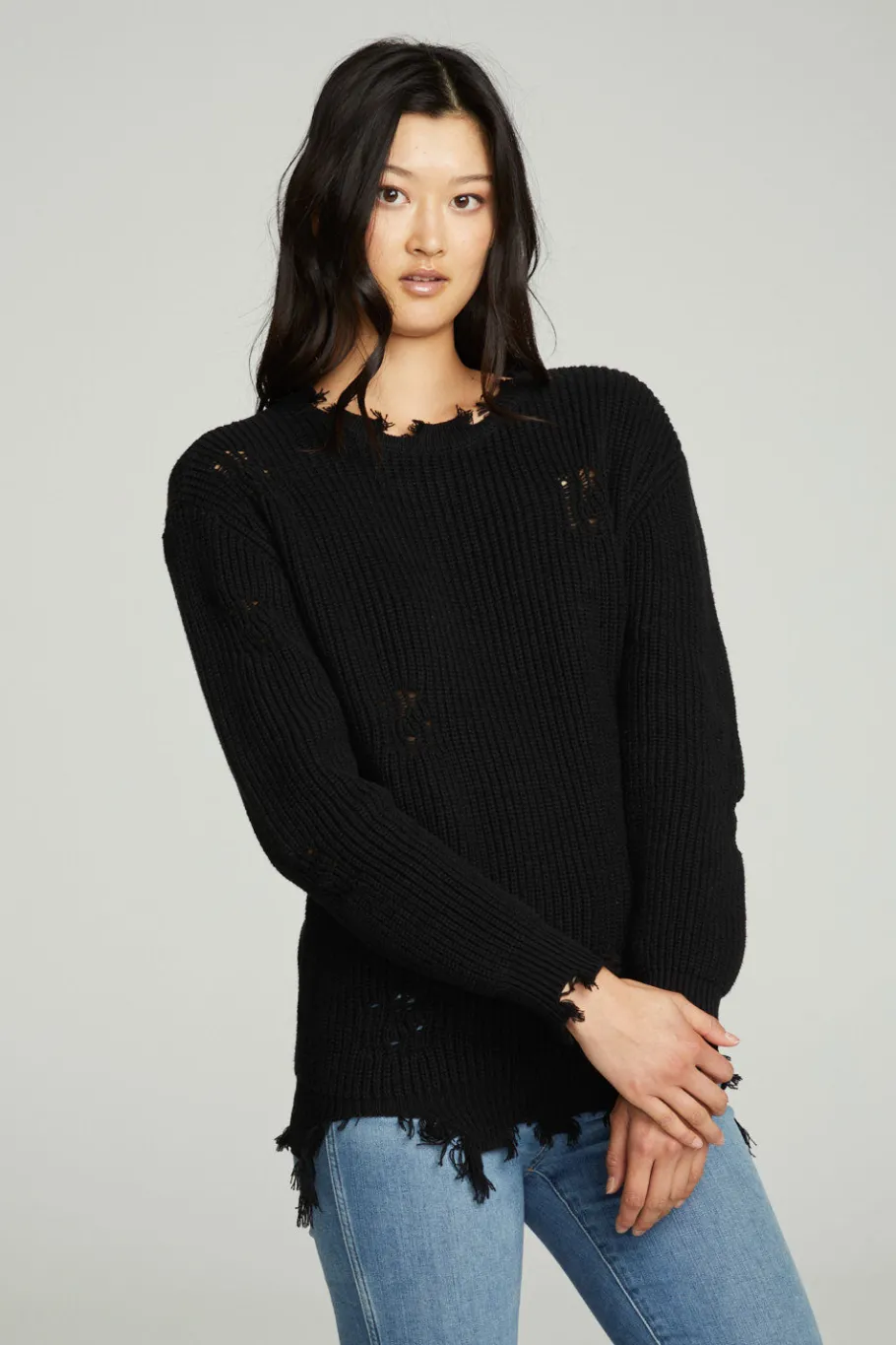 Best Chaser Brand Long Sleeve Crew Neck Deconstructed Sweater Pullover