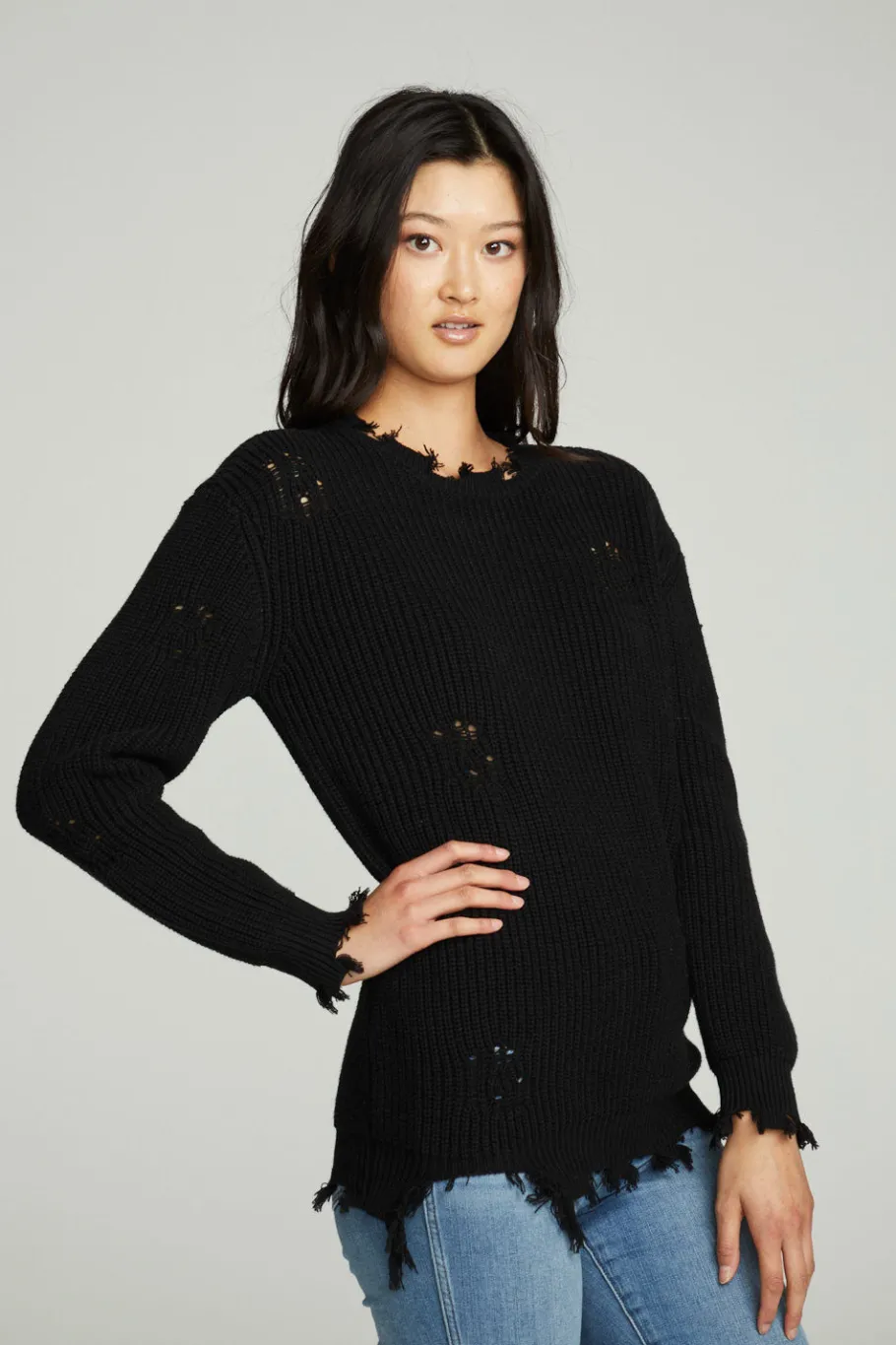 Best Chaser Brand Long Sleeve Crew Neck Deconstructed Sweater Pullover