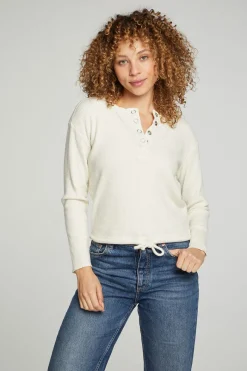 Discount Chaser Brand Long Sleeve Snap Henley Drawstring Waist Tee
