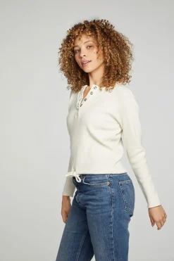 Discount Chaser Brand Long Sleeve Snap Henley Drawstring Waist Tee