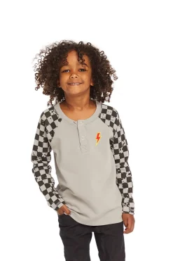 Online Chaser Brand Long Sleeve Splatter Checker Raglan Button Up Henley