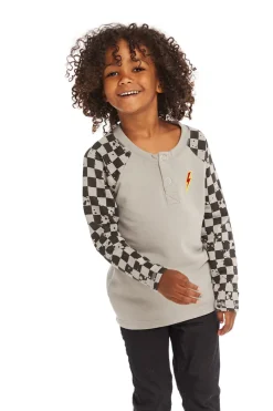 Online Chaser Brand Long Sleeve Splatter Checker Raglan Button Up Henley