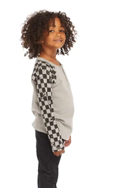 Online Chaser Brand Long Sleeve Splatter Checker Raglan Button Up Henley