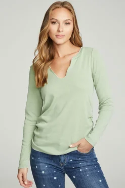 Discount Chaser Brand Long Sleeve Split Neck Rouched Side Tee