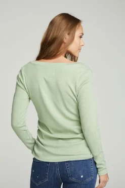 Discount Chaser Brand Long Sleeve Split Neck Rouched Side Tee