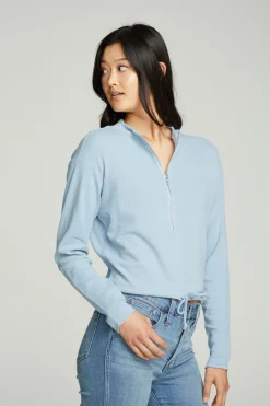 Cheap Chaser Brand Long Sleeve Zipper Mock Neck Semi Cropped Tee