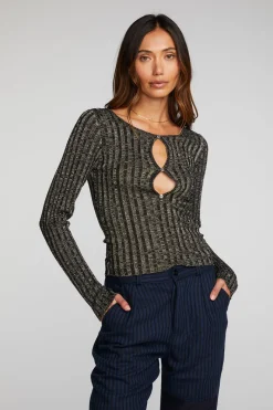 Fashion Chaser Brand Lurex Rib Knit Long Sleeve Top With Open Keyhole