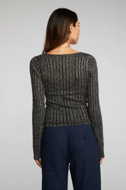 Fashion Chaser Brand Lurex Rib Knit Long Sleeve Top With Open Keyhole