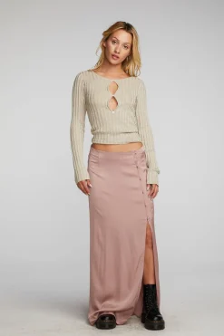 Clearance Chaser Brand Lurex Rib Knit Long Sleeve Top With Open Keyhole