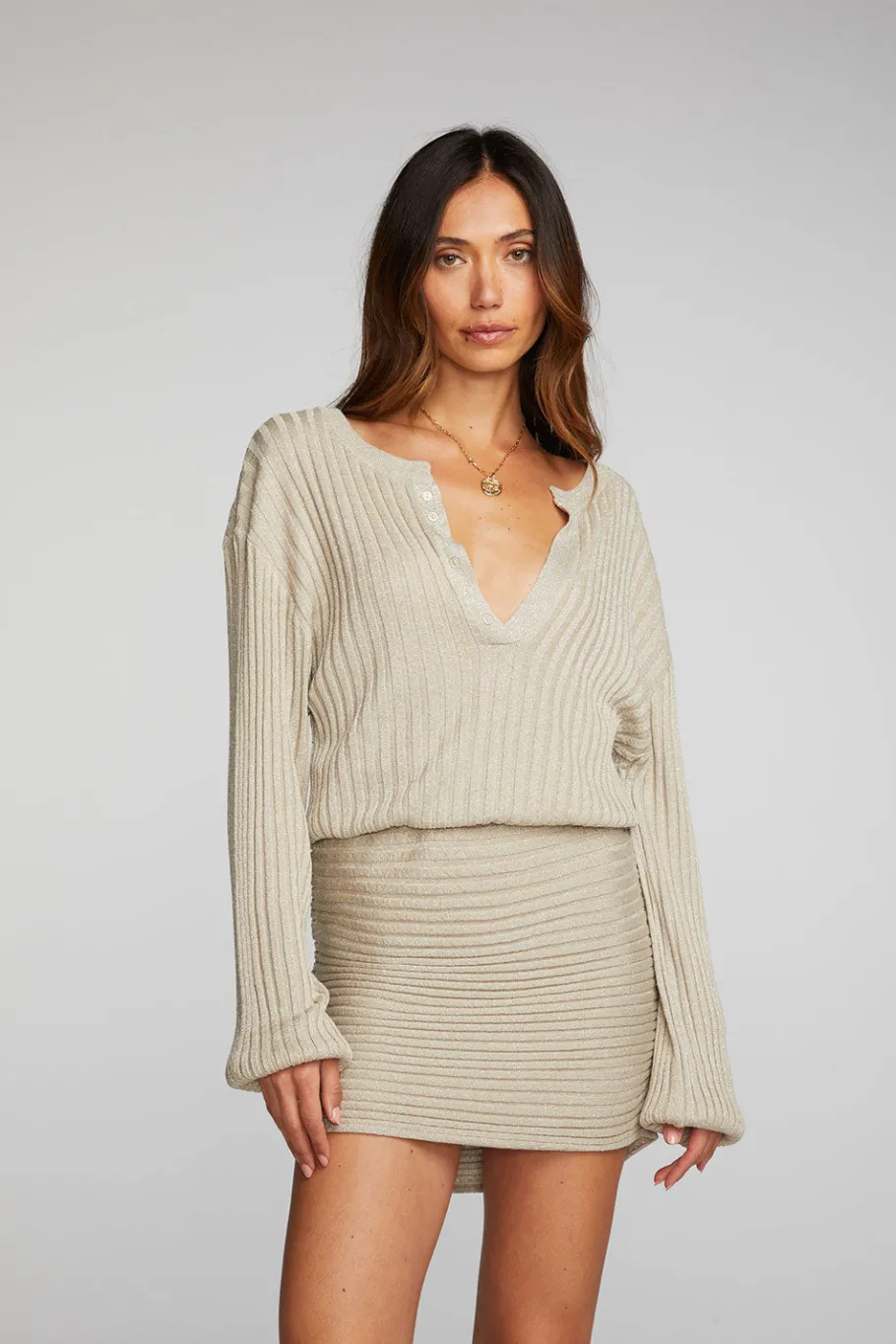 Shop Chaser Brand Lurex Rib Knit Mini Dress With Shirring
