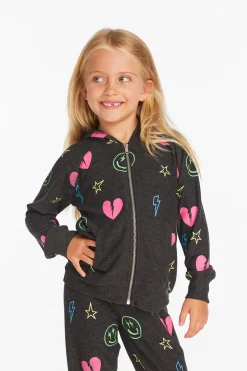 New Chaser Brand Neon Heart & Smiles Girls Zip-up Hoodie