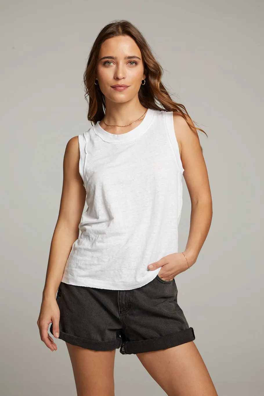 Cheap Chaser Brand Raw Edge White Muscle Tank