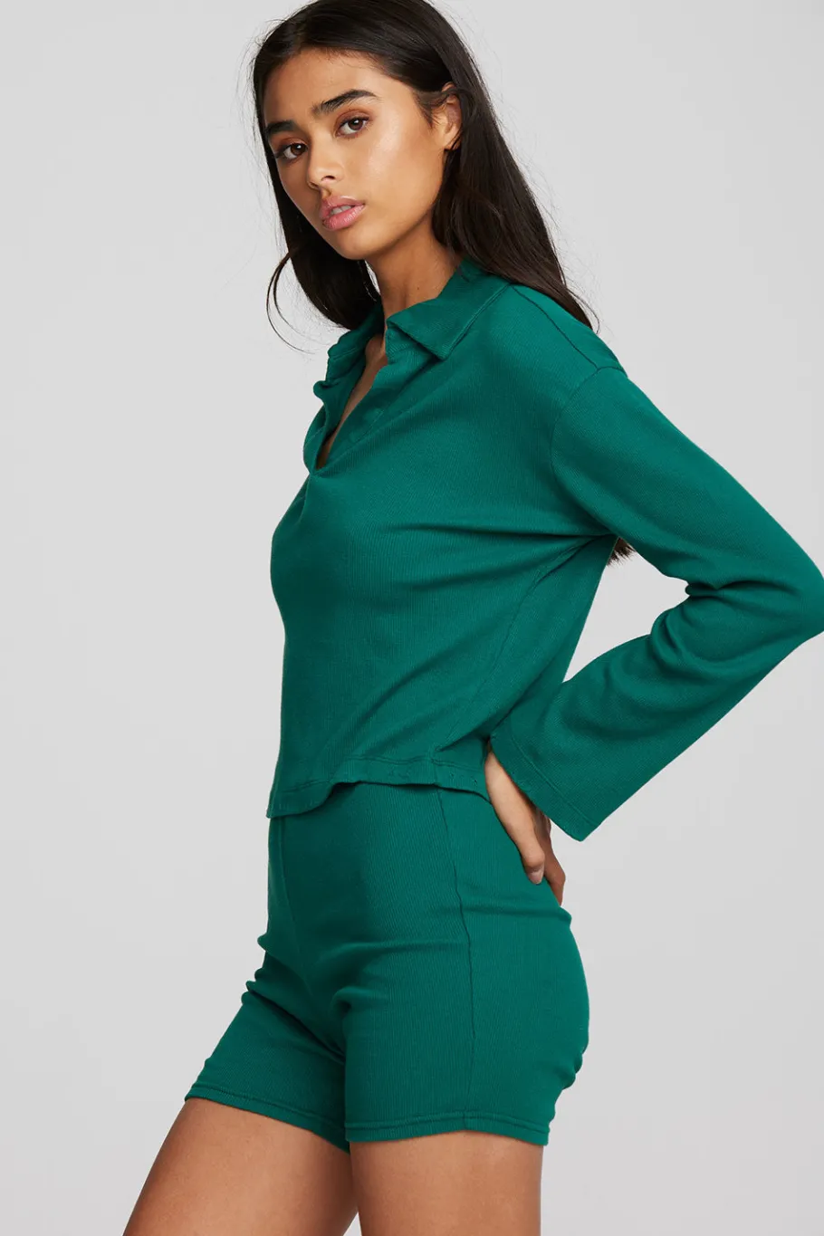 Discount Chaser Brand Recycled Vintage Rib Cropped Polo With Distressed Detail Long Sleeve