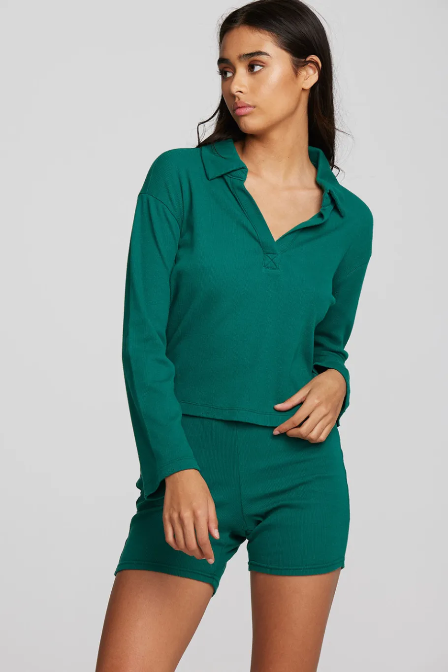Discount Chaser Brand Recycled Vintage Rib Cropped Polo With Distressed Detail Long Sleeve