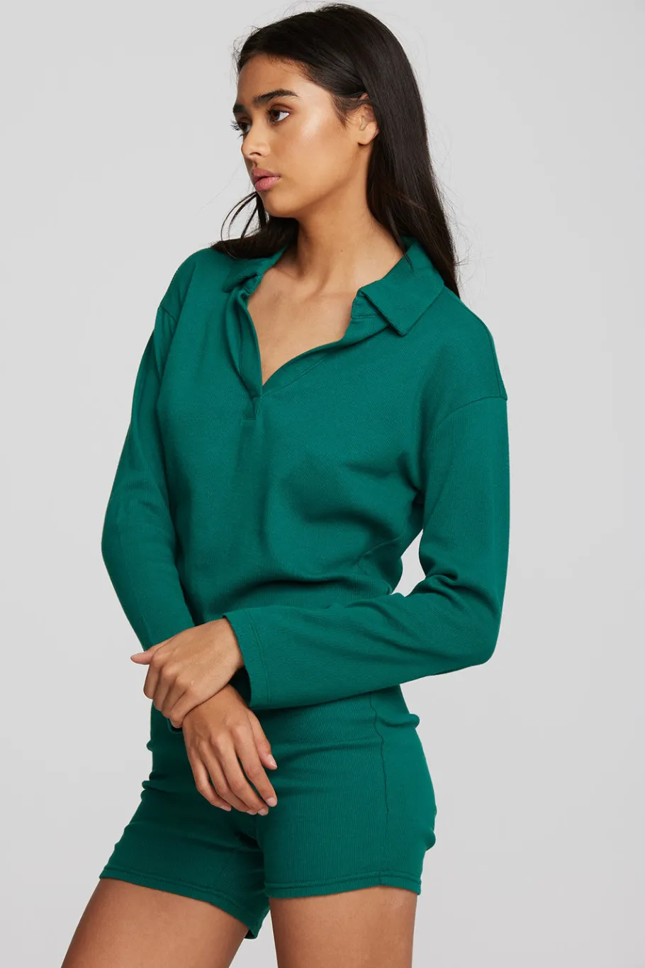 Discount Chaser Brand Recycled Vintage Rib Cropped Polo With Distressed Detail Long Sleeve