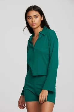 Discount Chaser Brand Recycled Vintage Rib Cropped Polo With Distressed Detail Long Sleeve