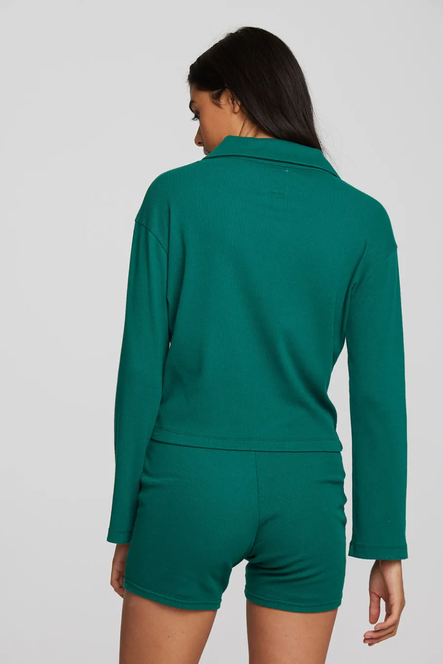 Discount Chaser Brand Recycled Vintage Rib Cropped Polo With Distressed Detail Long Sleeve