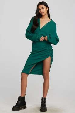 New Chaser Brand Recycled Vintage Rib Midi Dress With Shirring And Side Slit
